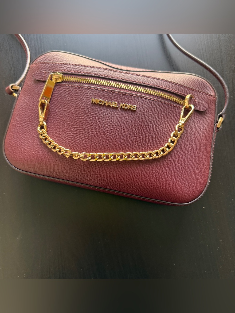 Michael Kors Wine Saffiano Leather Crossbody with Gold Hardware